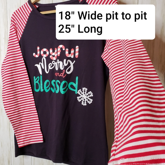 Holiday Raglan Tee Medium Joyful Merry and Blessed Purple Striped Sleeve NWOT - Picture 5 of 9